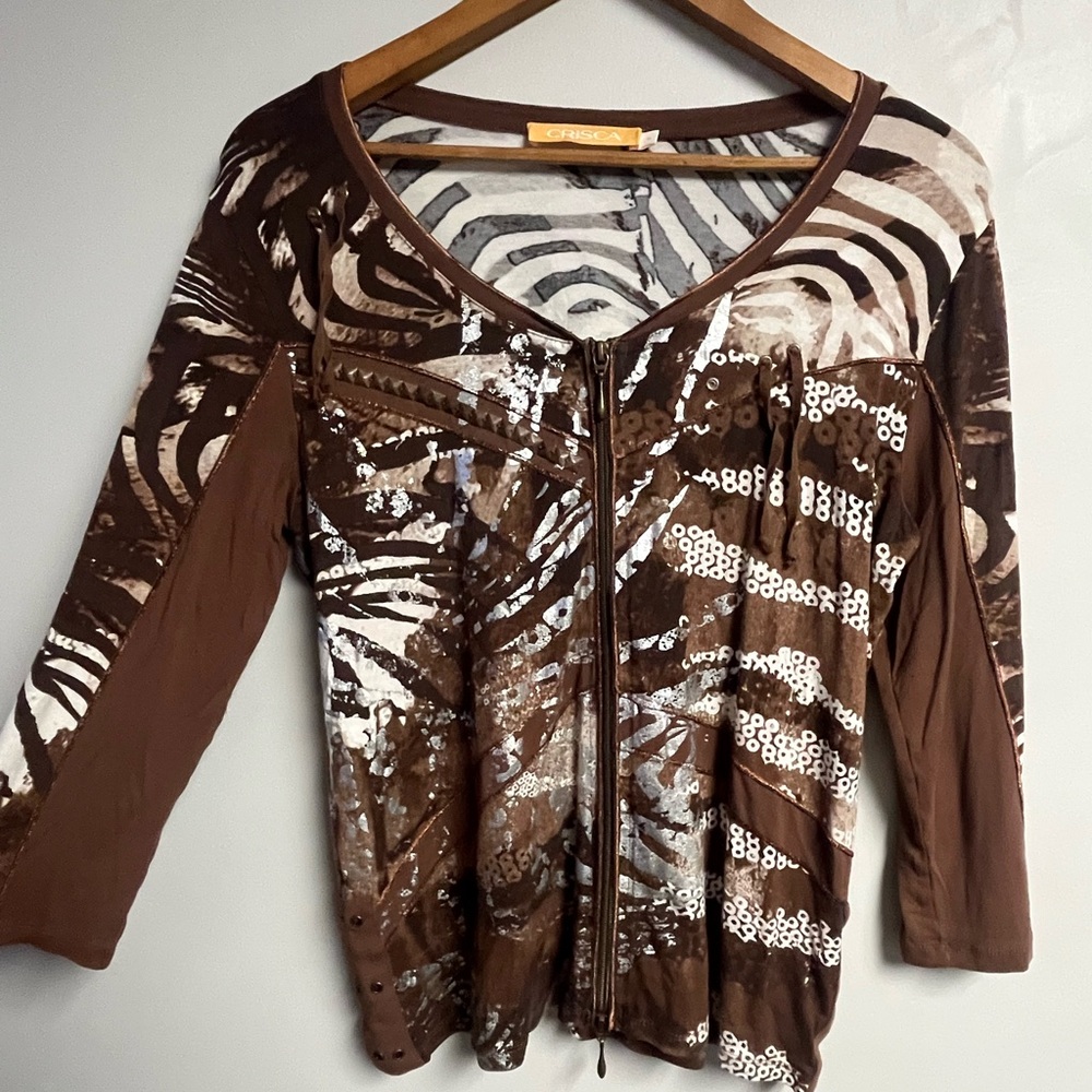 CRISCA Zip-Front Top Size M Brown Mixed Print with Metallic Accents